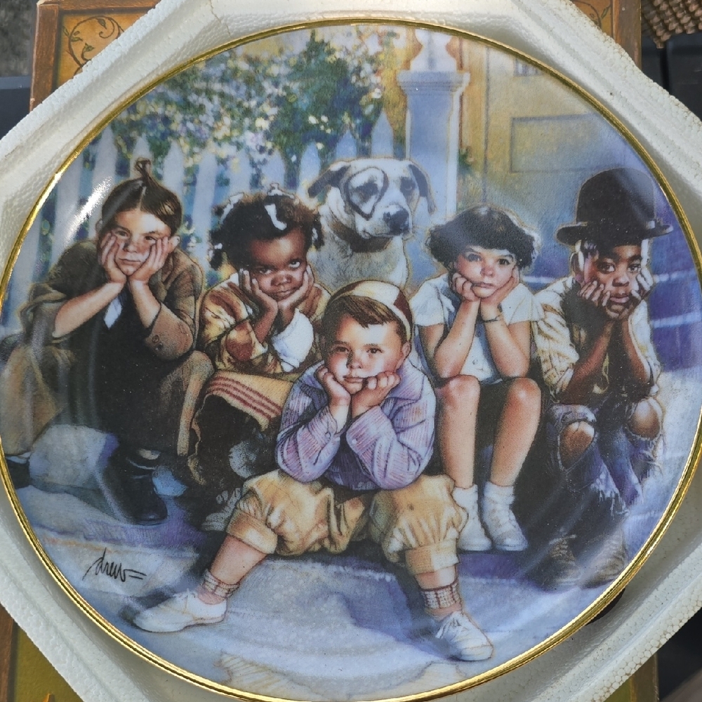 Vintage Decorative Plate with Children and Dog